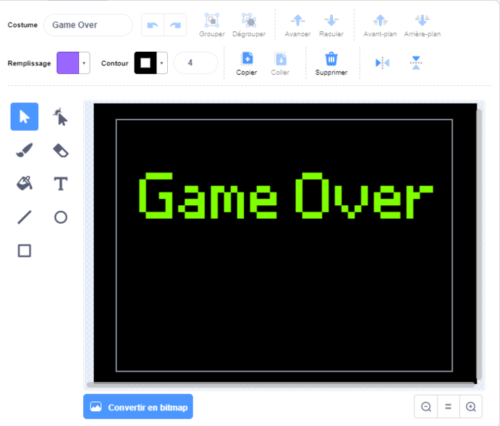 Fichier:Tuto Scratch - Space Invaders Game Over.png